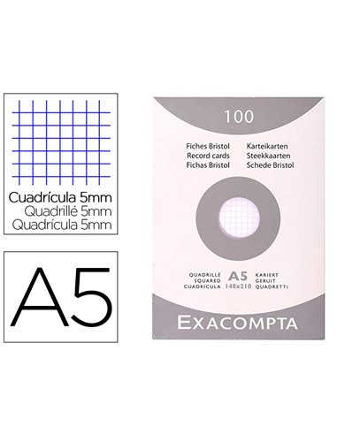 Etui 100 fiches exacompta bristol quadrillee 5x5 non perforee blanc 148x210mm.