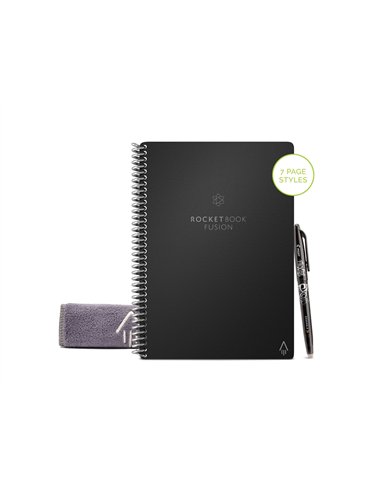 Cahier connecte bic rocketbook fusion executive reutilisable a5 42p avec stylo et serviette microfibre.