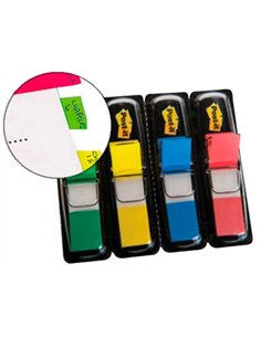 Marque-pages post-it mini index étroit 12x44mm 35f coloris classiques rouge vert bleu jaune lot 4 unités.