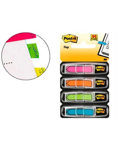 Marque-pages post-it index flèches 12x44mm 96f coloris vifs bleu jaune rouge vert lot 4x24 unités.
