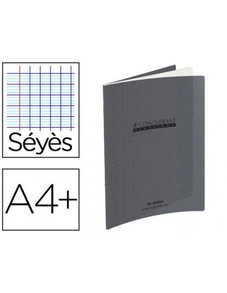 Cahier piqué conquérant classique couverture polypropylène rigide transparente a4+ 24x32cm 96 pages 90g séyès gris.