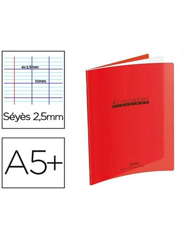 Cahier piqué conquérant écriture couverture plastique souple a5+ 17x22cm 32 pages 90g séyès 2.5mm 2 coloris orange.