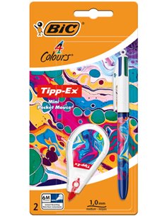 Bic 4 Couleurs Décors Hydro Pack de 1 Stylo Bille Rétractable + Correcteur Pocket Mouse 5 mm x 6 m - Pointe Moyenne 1,0 mm - Enc