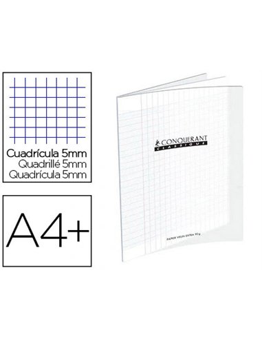 Cahier piqué conquérant classique couverture polypropylène rigide transparente a4+ 24x32cm 96 pages 90g 5x5 incolore.