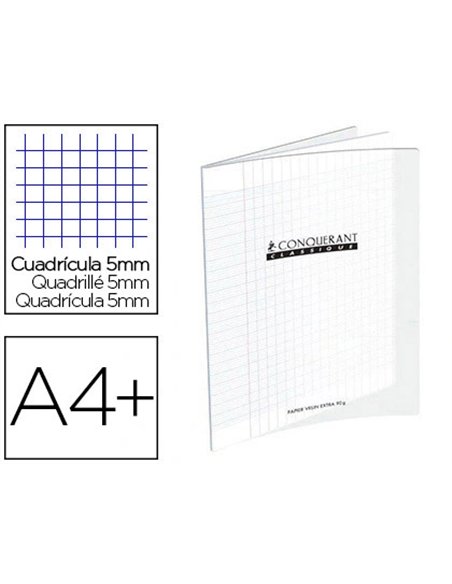 Cahier piqué conquérant classique couverture polypropylène rigide transparente a4+ 24x32cm 96 pages 90g 5x5 incolore.