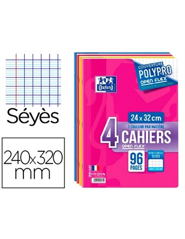 Cahier oxford openflex couverture résistante indéchirable a4+ 24x32cm 96 pages séyès lot 4unités.