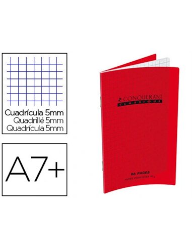 Carnet agrafé conquérant classique couverture polypropylène 9x14cm 96 pages 90g 5x5mm coloris rouge.