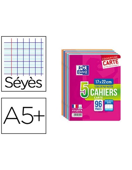 Cahier agrafé oxford a5+ 17x22cm 96 pages 90g séyès lot 5 unités carton 20 lots.