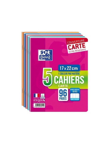 Cahier agrafé oxford a5+ 17x22cm 96 pages 90g séyès lot 5 unités carton 20 lots.