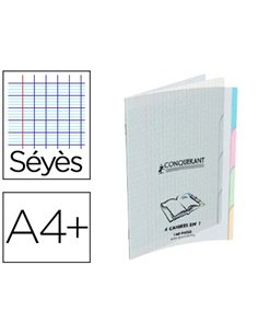 Cahier piqué conquérant classique 4en1 polypropylène 4 onglets a4+ 24x32cm 140 pages 90g séyès.