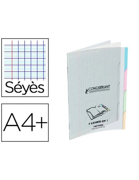 Cahier piqué conquérant classique 4en1 polypropylène 4 onglets a4+ 24x32cm 140 pages 90g séyès.