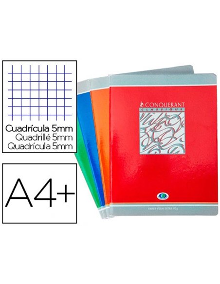 Cahier d'écriture piqué conquérant usage scolaire couverture vernie carte couchée a4+ 24x32cm 48 pages 90g séyès.