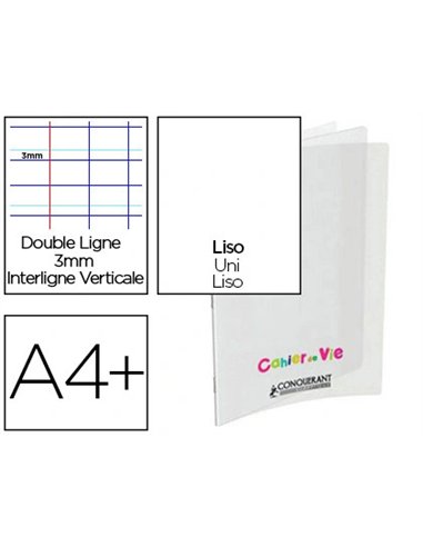 Cahier vie agrafé conquérant classique couverture polypropylène a4+ 24x32cm 96 pages 48 lignées 10mm/48 unies 90g.