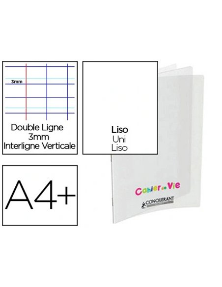 Cahier vie agrafé conquérant classique couverture polypropylène a4+ 24x32cm 96 pages 48 lignées 10mm/48 unies 90g.