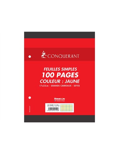 Feuillet mobile conquérant a5+ 170x220mm 100 pages 80g séyès perforé coloris jaune.