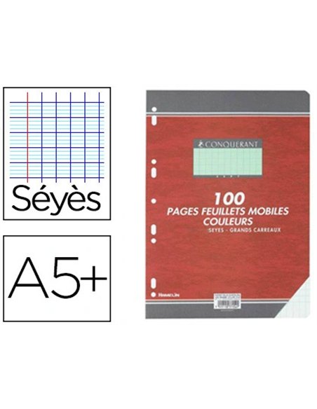 Feuillet mobile conquérant a5+ 170x220mm 100 pages 80g séyès perforé coloris vert.