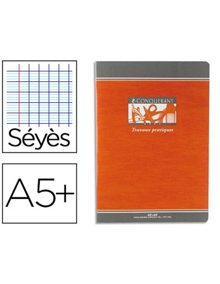 Cahier travaux pratiques piqué conquérant sept couverture offset a5+ 17x22cm 64 pages 70g 32 séyès/32 unies.