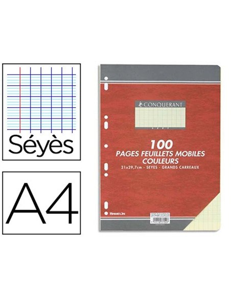 Feuillet mobile conquérant sept a4 210x297mm 100 pages 80g séyès perforé coloris jaune.
