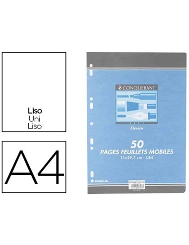 Feuillet mobile conquérant sept a4 210x297mm 50 pages 120g réglure dessin perforé coloris blanc.