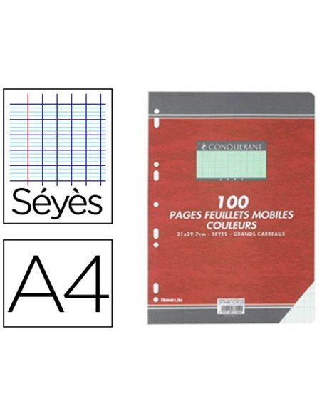 Feuillet mobile conquérant sept a4 210x297mm 100 pages 80g séyès perforé coloris vert.