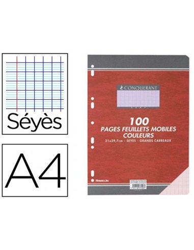 Feuillet mobile conquérant sept a4 210x297mm 100 pages 80g séyès perforé coloris rose.