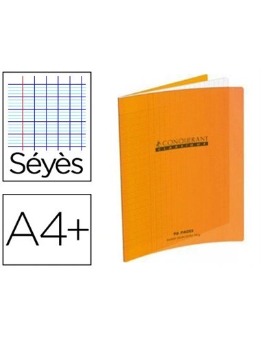 Cahier piqué conquérant classique couverture polypropylène rigide transparent a4+ 24x32cm 48 pages 90g séyès orange.