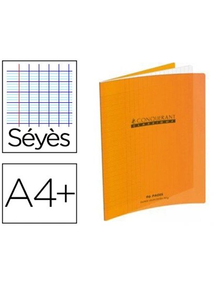Cahier piqué conquérant classique couverture polypropylène rigide transparent a4+ 24x32cm 48 pages 90g séyès orange.