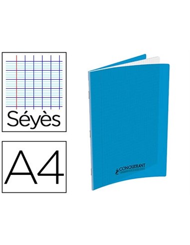 Cahier piqure conquerant couverture pp rigide transparente 21x29,7cm 48p seyes 90g coloris bleu.