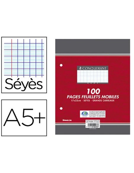 Feuillet mobile conquérant sept a5+ 170x220mm 100 pages 90g séyès perforé coloris blanc.
