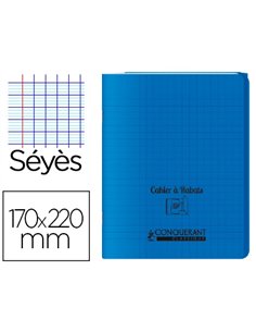 Cahier à rabat agrafé conquérant classique couverture polypropylène 17x22cm 48 pages 90g séyès coloris bleu.