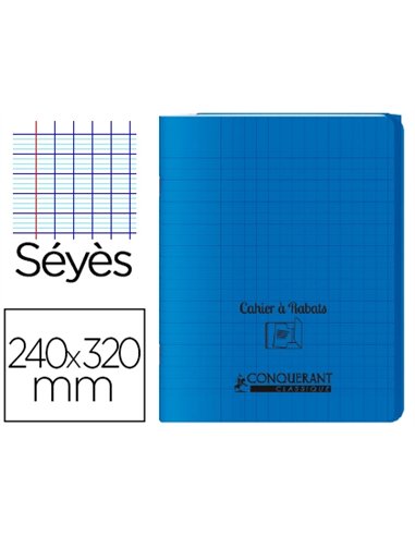 Cahier à rabat agrafé conquérant classique couverture polypropylène 24x32cm 48 pages 90g séyès coloris bleu.