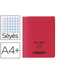 Cahier à rabat agrafé conquérant classique couverture polypropylène 24x32cm 48 pages 90g séyès coloris rouge.