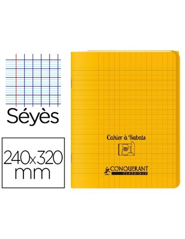 Cahier à rabat agrafé conquérant classique couverture polypropylène 24x32cm 48 pages 90g séyès coloris jaune.