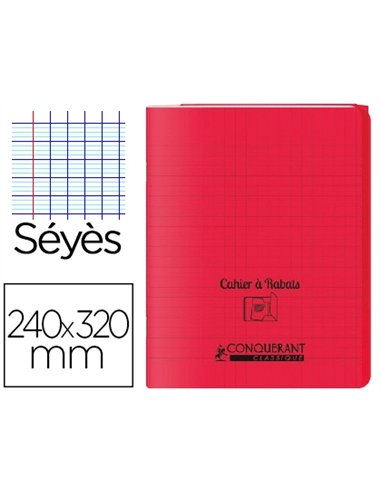 Cahier à rabat agrafé conquérant classique couverture polypropylène 24x32cm 96 pages 90g séyès coloris rouge.