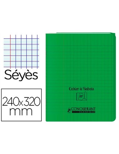 Cahier à rabat agrafé conquérant classique couverture polypropylène 24x32cm 96 pages 90g séyès coloris vert.