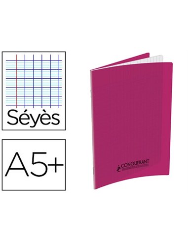 Cahier pique conquerant classique couverture polypropylene rigide transparente a5+ 17x22cm48 pages 90g seyes rose.