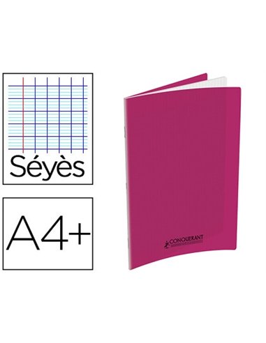 Cahier agrafé conquérant polypropylène a4+ 24x32cm 48 pages séyès 90g coloris rose.