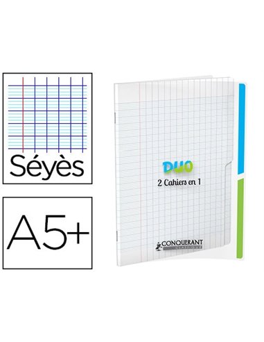 Cahier agrafé conquérant duo 2en1 polypropylène a5+ 17x22cm 96 pages séyès 90g.