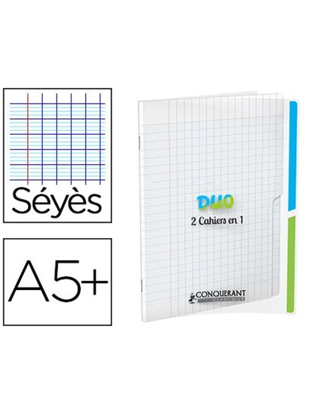 Cahier agrafé conquérant duo 2en1 polypropylène a5+ 17x22cm 96 pages séyès 90g.