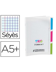 Cahier agrafé conquérant trio 3en1 polypropylène a5+ 17x22cm 96 pages séyès 90g.