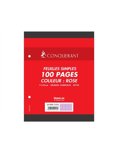 Feuille simple conquerant 7 perforees 170x220mm film 80g seyes coloris rose paquet 100 unites.