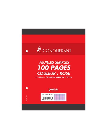 Feuille simple conquerant 7 perforees 170x220mm film 80g seyes coloris rose paquet 100 unites.