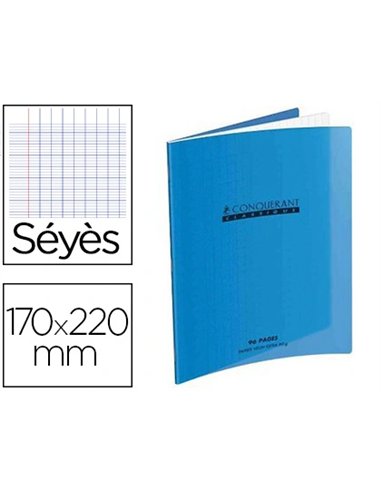 Cahier piqué conquérant classique couverture polypropylène rigide transparente 17x22cm 96 pages 90g séyès coloris bleu.