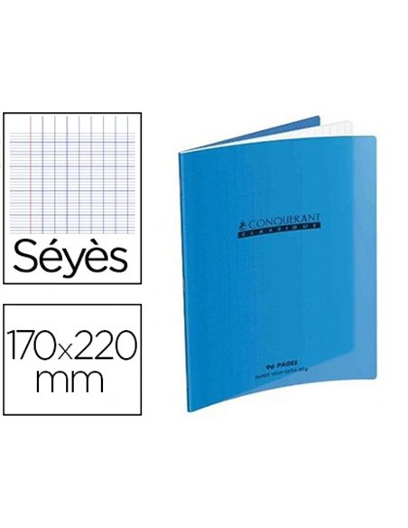 Cahier piqué conquérant classique couverture polypropylène rigide transparente 17x22cm 96 pages 90g séyès coloris bleu.