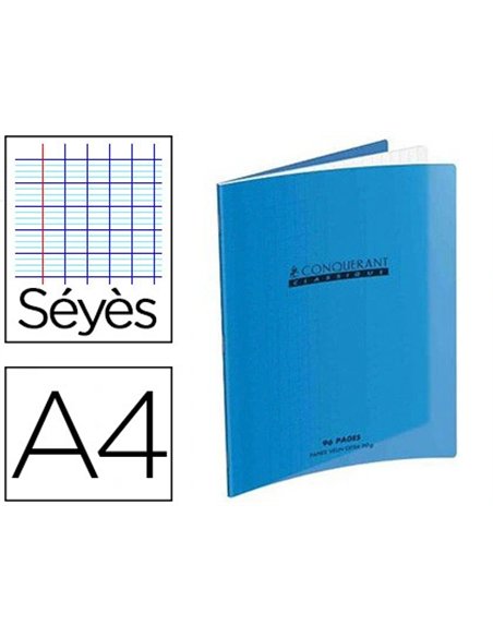 Cahier piqué conquérant classique couverture polypropylène rigide transparente a4 21x29,7cm 96 pages 90g séyès bleu.