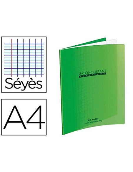 Cahier piqué conquérant classique couverture polypropylène rigide transparente a4 21x29,7cm 96 pages 90g séyès vert.