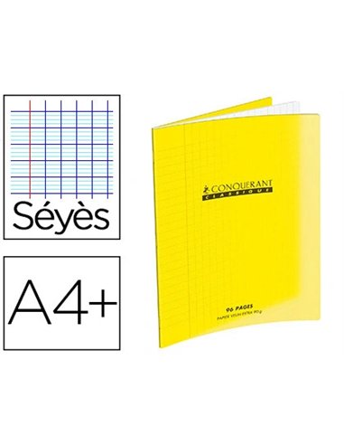 Cahier piqué conquérant classique couverture polypropylène rigide transparente a4+ 24x32cm 96 pages 90g séyès jaune.