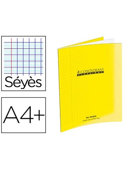Cahier piqué conquérant classique couverture polypropylène rigide transparente a4+ 24x32cm 96 pages 90g séyès jaune.