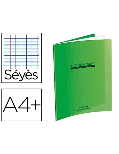 Cahier piqué conquérant classique couverture polypropylène rigide transparente a4+ 24x32cm 96 pages 90g séyès vert.
