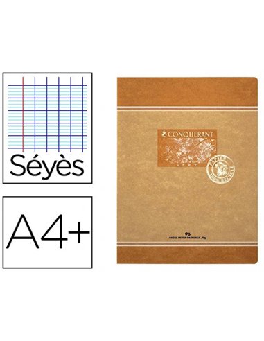 Cahier piqué conquérant sept papier recyclé encre offset base végétale a4+ 24x32cm 96 pages 70g séyès.